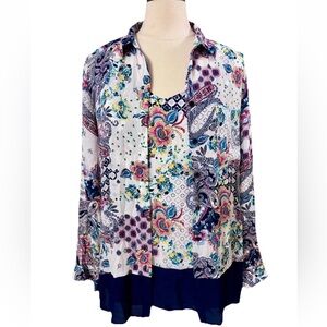 Chicos Paisley Melange Convertible 2 Pc Twin Set Blouse Women's Sz 2 Shirt